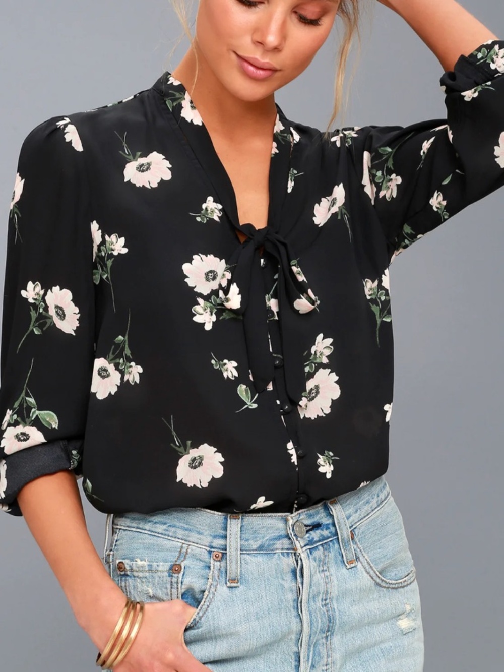 Lulus On the Spot Black Floral Blouse